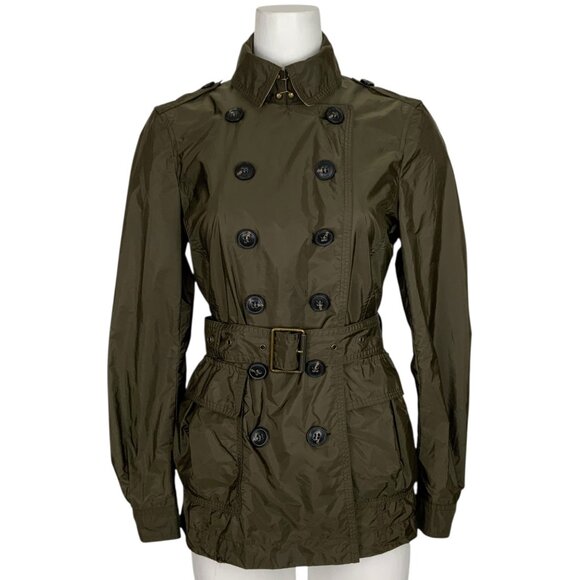 Burberry Brit Double Breasted Trench Coat Jacket US 8 Green Belted Utility Fall - Picture 16 of 16
